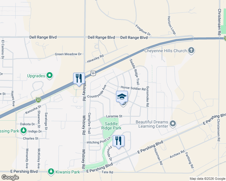 map of restaurants, bars, coffee shops, grocery stores, and more near 6618 Wilderness Trail in Cheyenne