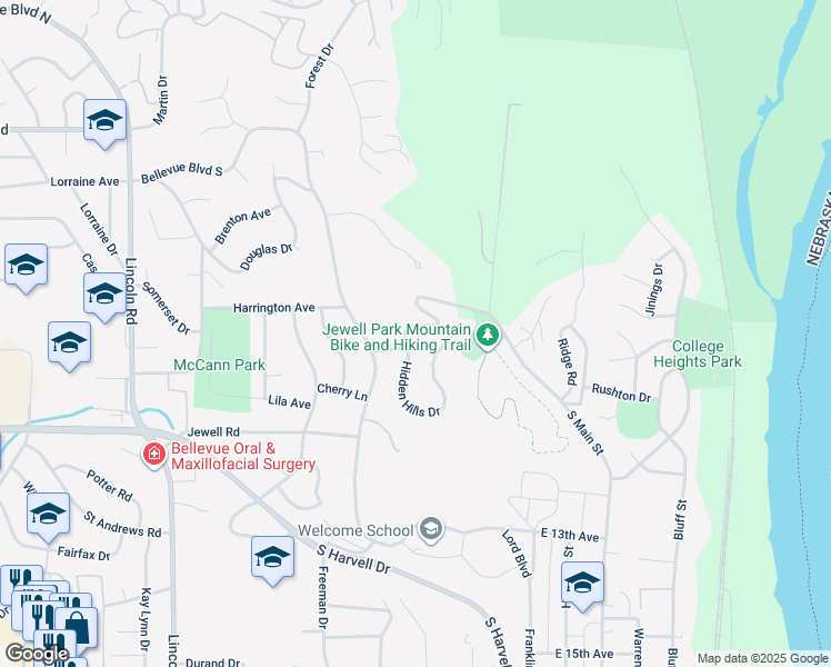 map of restaurants, bars, coffee shops, grocery stores, and more near 843 Hidden Hills Drive in Bellevue
