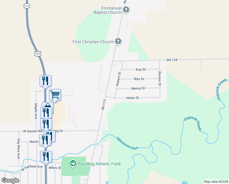 map of restaurants, bars, coffee shops, grocery stores, and more near 12151 Robert St in Paulding