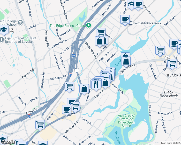 map of restaurants, bars, coffee shops, grocery stores, and more near 2029 Kings Highway in Fairfield