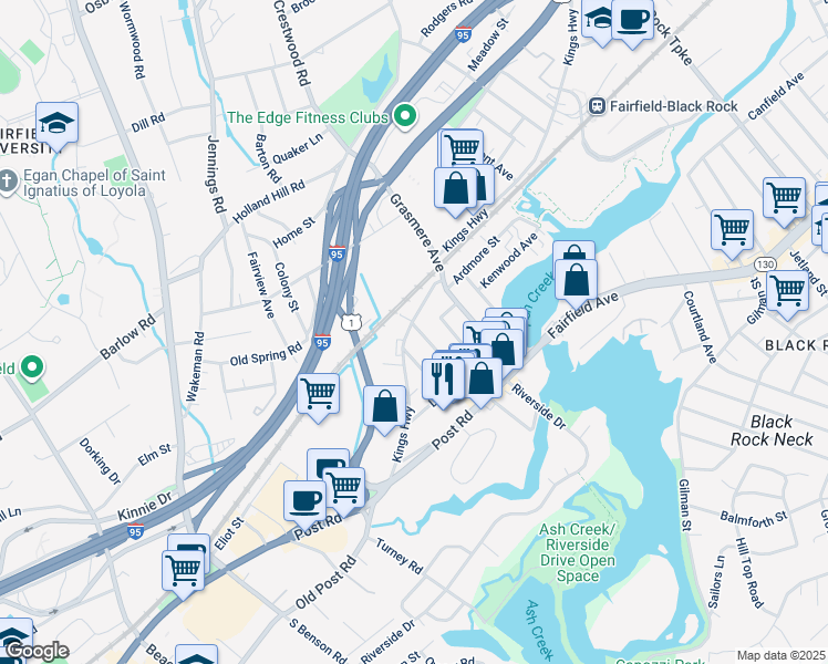 map of restaurants, bars, coffee shops, grocery stores, and more near 2029 Kings Highway in Fairfield