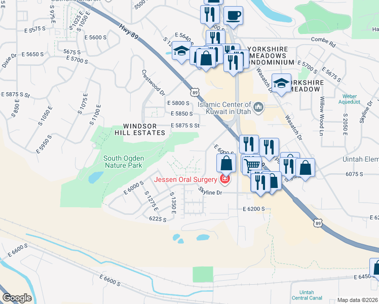 map of restaurants, bars, coffee shops, grocery stores, and more near 1378 East 6000 South in South Ogden