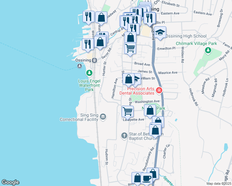 map of restaurants, bars, coffee shops, grocery stores, and more near 35 Hamilton Avenue in Ossining
