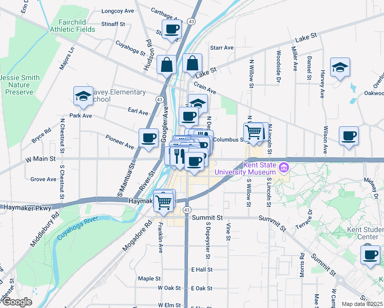 map of restaurants, bars, coffee shops, grocery stores, and more near 101 East Main Street in Kent
