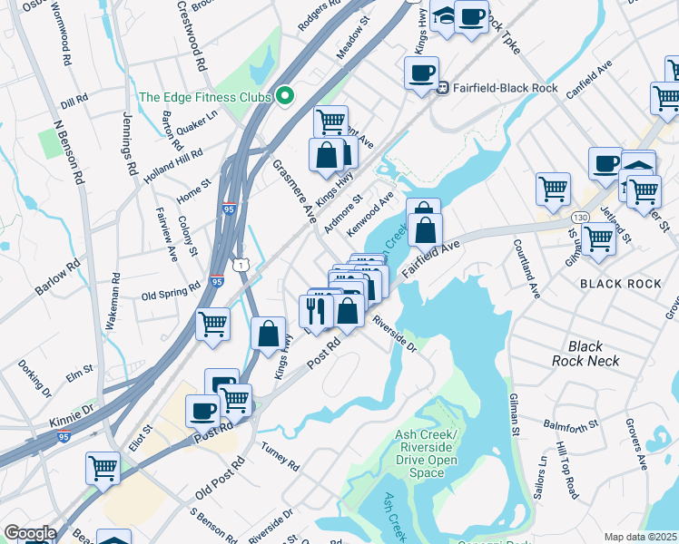 map of restaurants, bars, coffee shops, grocery stores, and more near 72 Roanoke Avenue in Fairfield