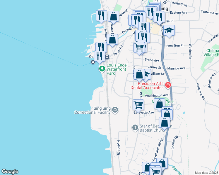 map of restaurants, bars, coffee shops, grocery stores, and more near 96 Hunter Street in Ossining