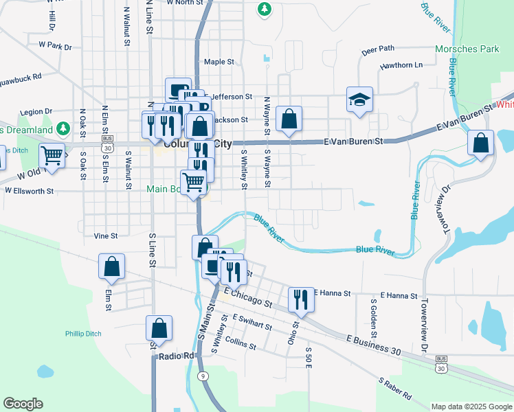 map of restaurants, bars, coffee shops, grocery stores, and more near 307 South Whitley Street in Columbia City