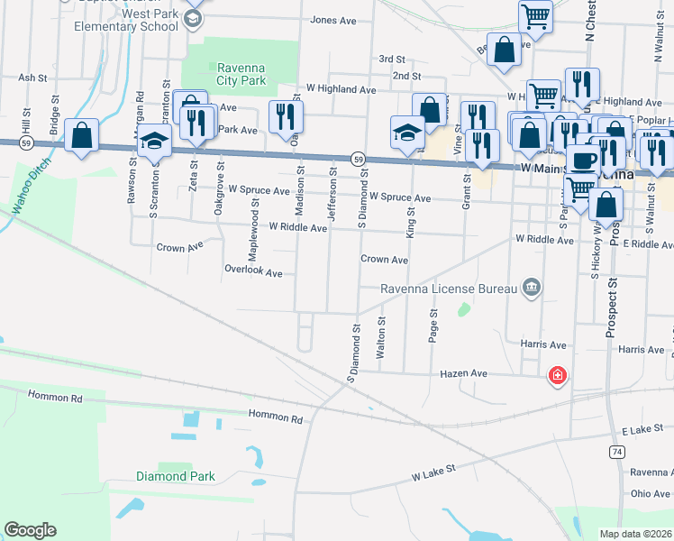 map of restaurants, bars, coffee shops, grocery stores, and more near 435 Jefferson St in Ravenna