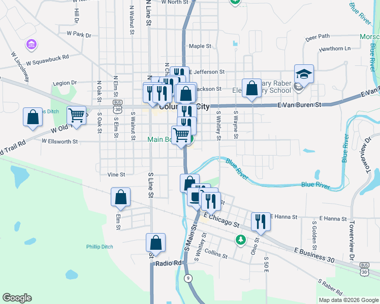 map of restaurants, bars, coffee shops, grocery stores, and more near 313 South Main Street in Columbia City
