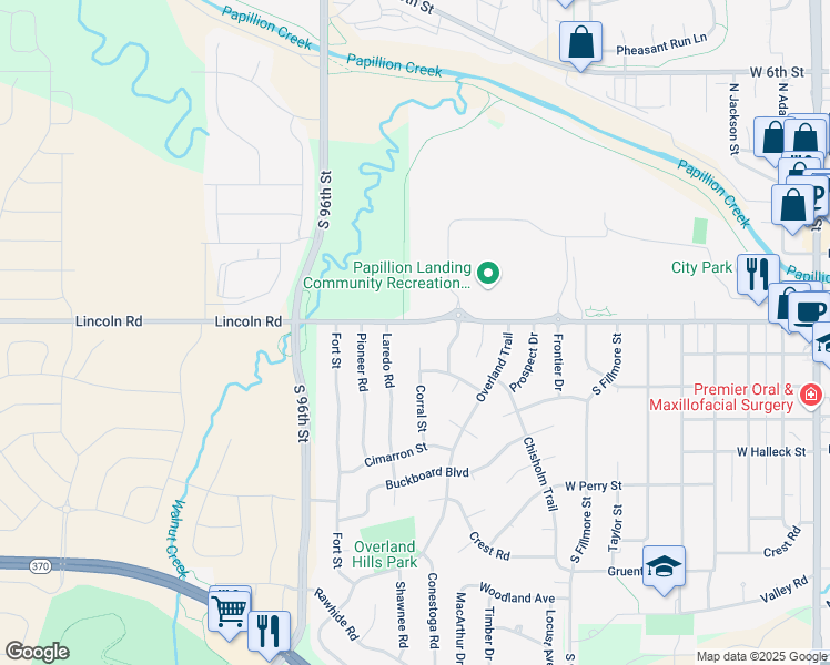 map of restaurants, bars, coffee shops, grocery stores, and more near 302 Corral Circle in Papillion