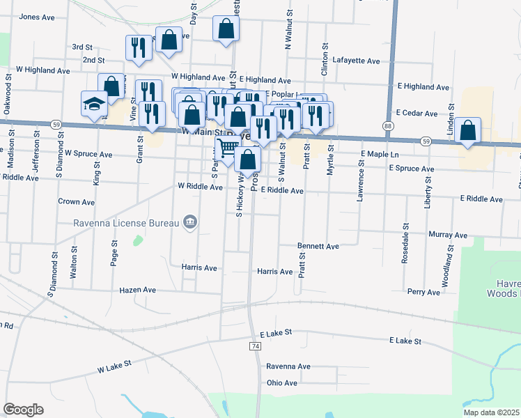 map of restaurants, bars, coffee shops, grocery stores, and more near 145 Van Buren Avenue in Ravenna