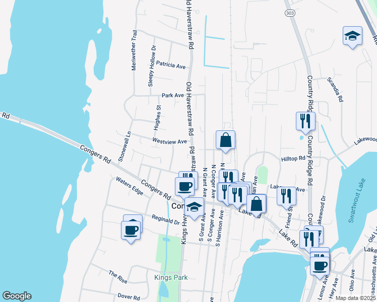 map of restaurants, bars, coffee shops, grocery stores, and more near 55 Old Haverstraw Road in Congers