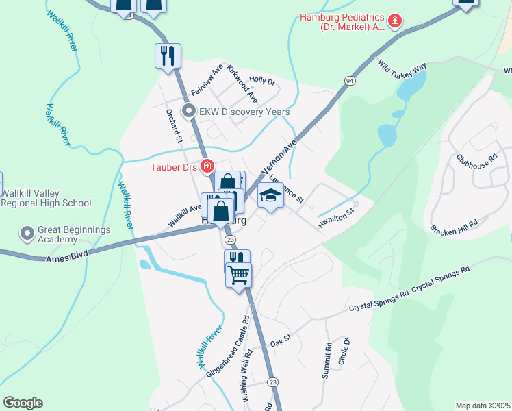 map of restaurants, bars, coffee shops, grocery stores, and more near 26 Wallkill Avenue in Hamburg