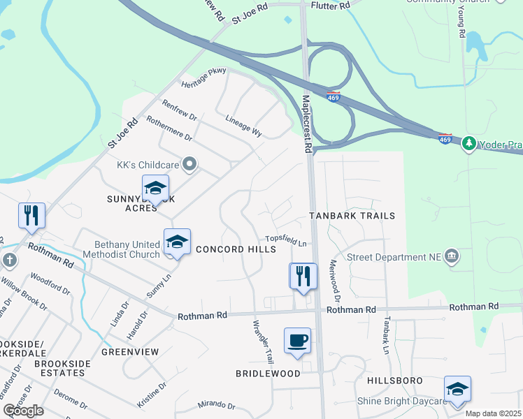 map of restaurants, bars, coffee shops, grocery stores, and more near 7861 Harrisburg Lane in Fort Wayne