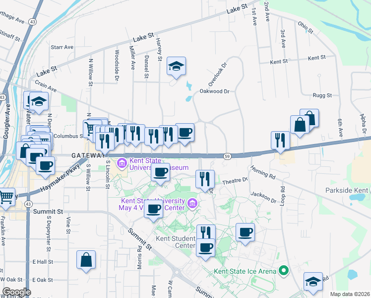 map of restaurants, bars, coffee shops, grocery stores, and more near 1005 East Main Street in Kent