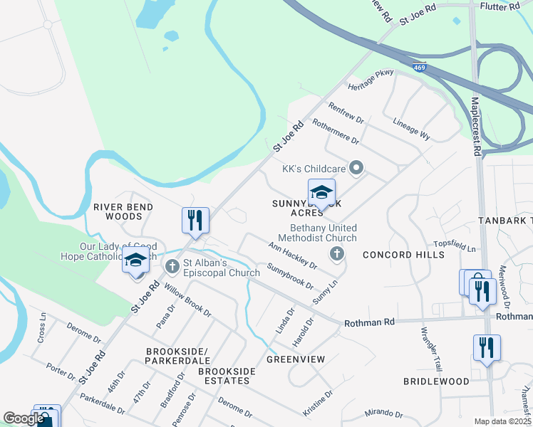 map of restaurants, bars, coffee shops, grocery stores, and more near 5320 Rebecca Street in Fort Wayne