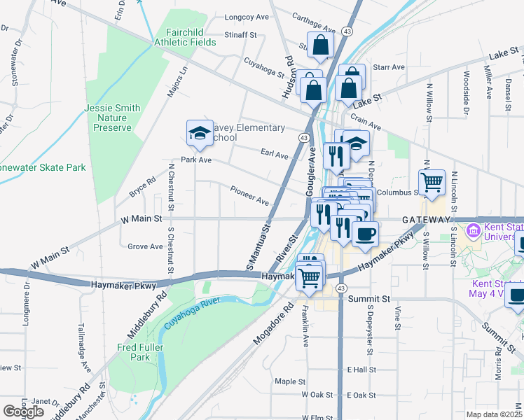map of restaurants, bars, coffee shops, grocery stores, and more near 409 West Main Street in Kent