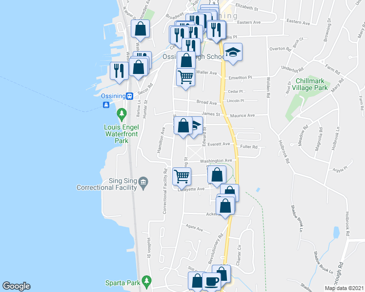 map of restaurants, bars, coffee shops, grocery stores, and more near 210 Spring Street in Ossining