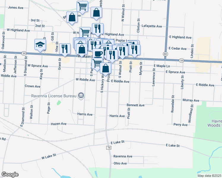 map of restaurants, bars, coffee shops, grocery stores, and more near 145 Van Buren Avenue in Ravenna