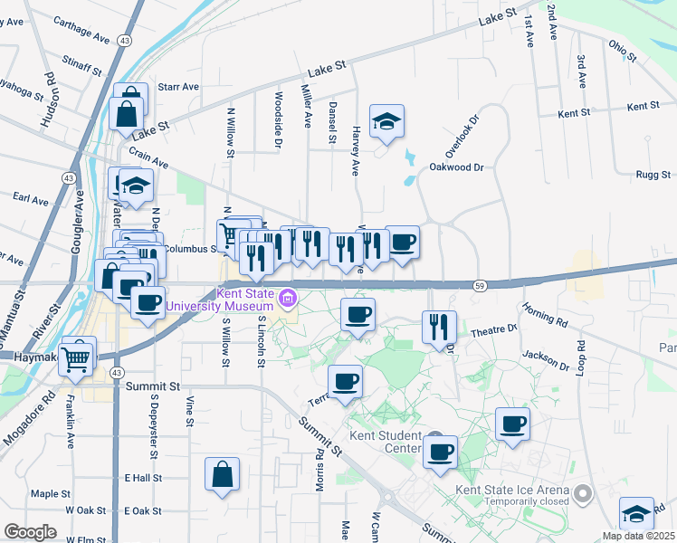 map of restaurants, bars, coffee shops, grocery stores, and more near 715 East Main Street in Kent