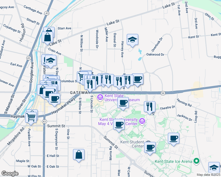 map of restaurants, bars, coffee shops, grocery stores, and more near 715 East Main Street in Kent