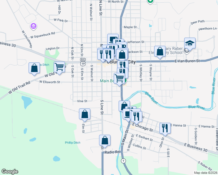 map of restaurants, bars, coffee shops, grocery stores, and more near 313 South Chauncey Street in Columbia City