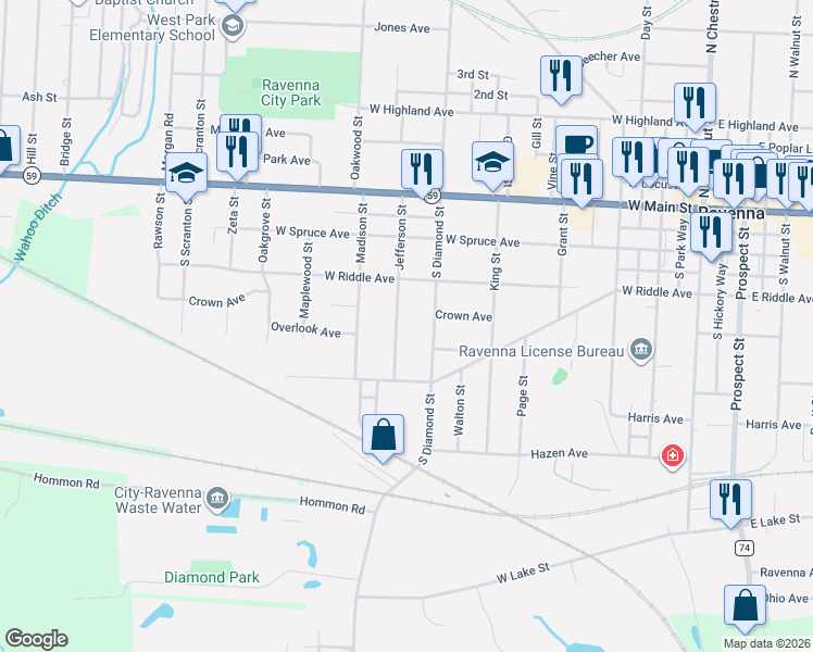 map of restaurants, bars, coffee shops, grocery stores, and more near 435 Jefferson Street in Ravenna