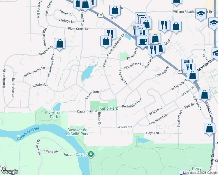 map of restaurants, bars, coffee shops, grocery stores, and more near 820 Exeter Turn in Bourbonnais