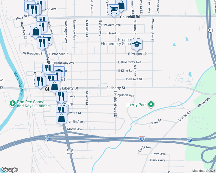 map of restaurants, bars, coffee shops, grocery stores, and more near 337 East Liberty Street in Girard
