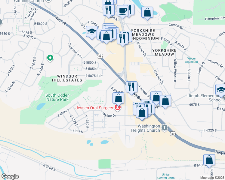 map of restaurants, bars, coffee shops, grocery stores, and more near 5896 East 6000 South in South Ogden