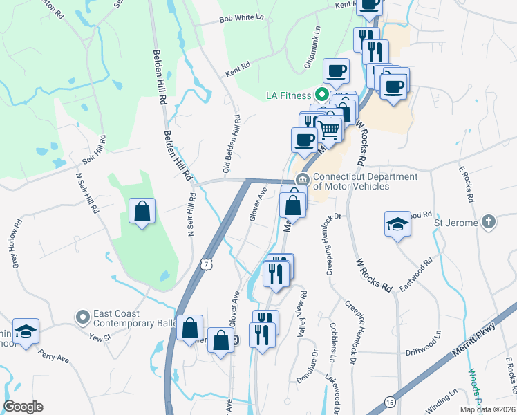 map of restaurants, bars, coffee shops, grocery stores, and more near 171 Glover Avenue in Norwalk
