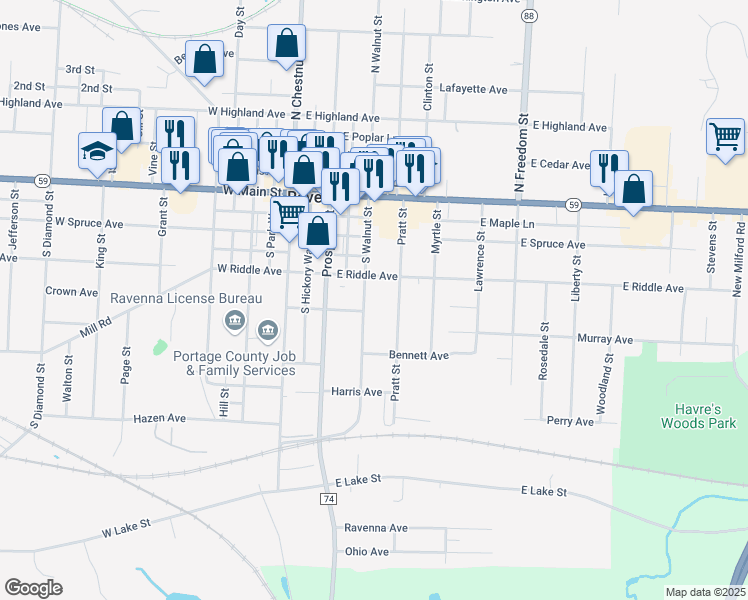 map of restaurants, bars, coffee shops, grocery stores, and more near 417 South Walnut Street in Ravenna