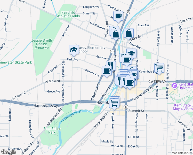 map of restaurants, bars, coffee shops, grocery stores, and more near 409 West Main Street in Kent
