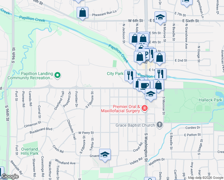 map of restaurants, bars, coffee shops, grocery stores, and more near 303 South Harrison Street in Papillion