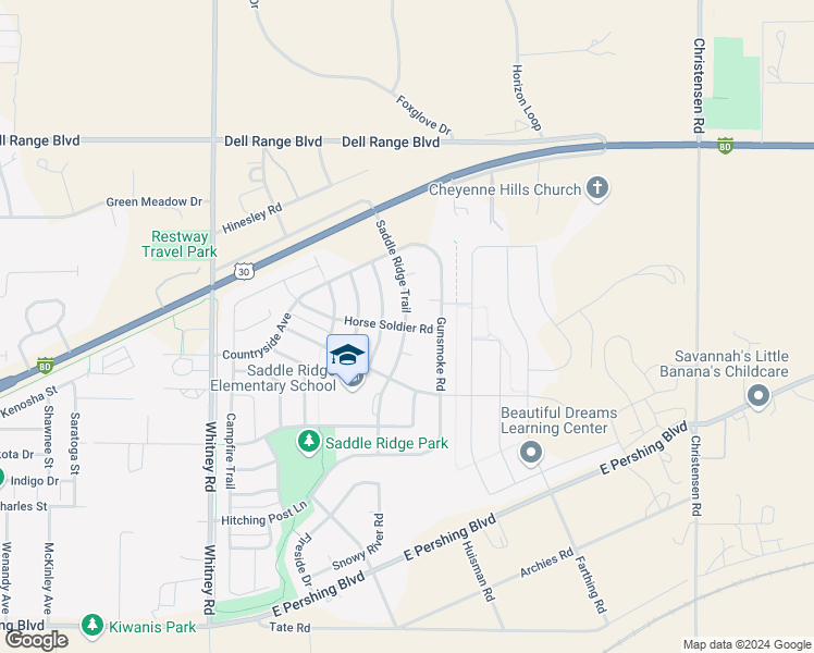 map of restaurants, bars, coffee shops, grocery stores, and more near 3817 Saddle Ridge Trail in Cheyenne