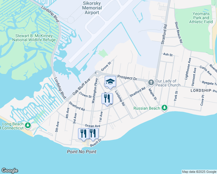 map of restaurants, bars, coffee shops, grocery stores, and more near 254 Crown Street in Stratford