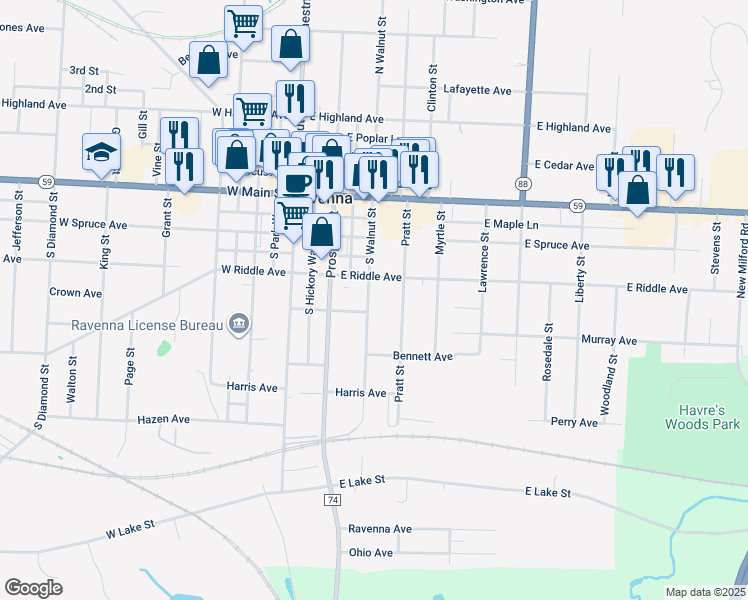map of restaurants, bars, coffee shops, grocery stores, and more near 417 South Walnut Street in Ravenna