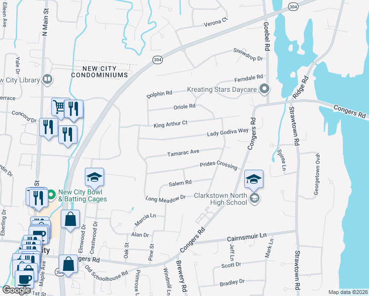 map of restaurants, bars, coffee shops, grocery stores, and more near 9 Tamarac Avenue in New City