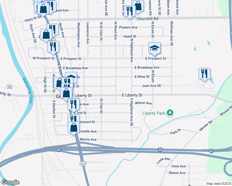 map of restaurants, bars, coffee shops, grocery stores, and more near 31 North Ward Avenue in Girard