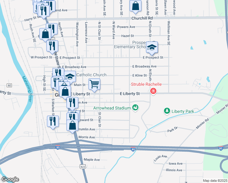 map of restaurants, bars, coffee shops, grocery stores, and more near 31 North Ward Avenue in Girard