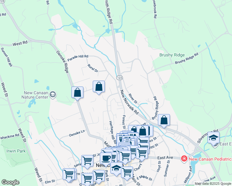 map of restaurants, bars, coffee shops, grocery stores, and more near 179 Heritage Hill Road in New Canaan