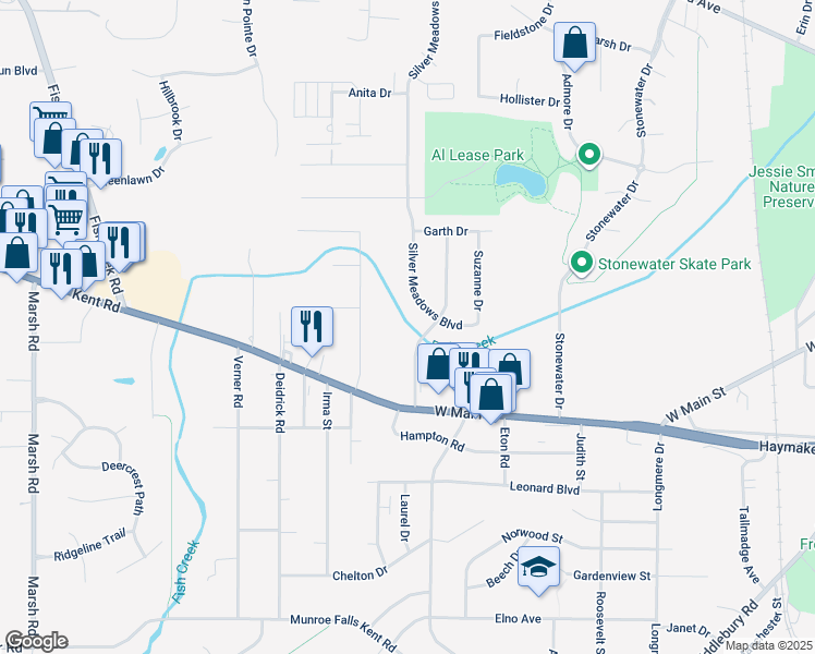 map of restaurants, bars, coffee shops, grocery stores, and more near 260 Spaulding Drive in Kent