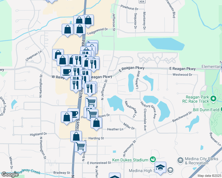 map of restaurants, bars, coffee shops, grocery stores, and more near 1046 North Jefferson Street in Medina
