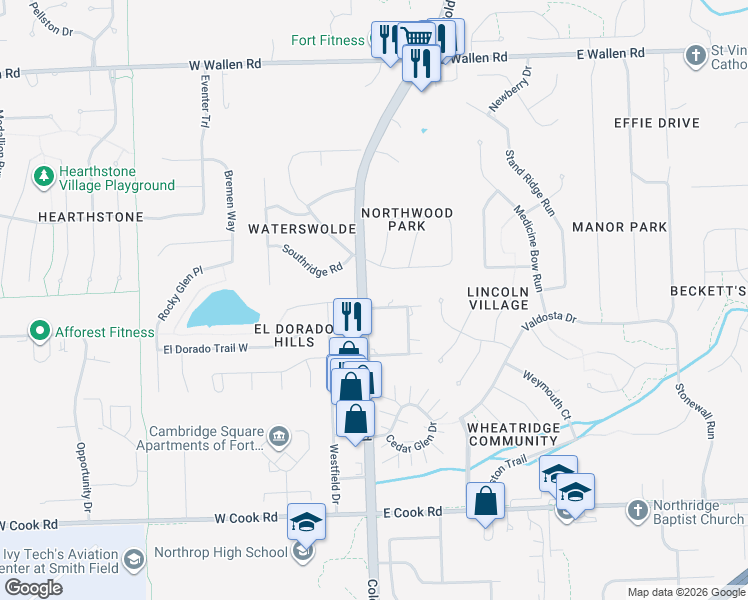 map of restaurants, bars, coffee shops, grocery stores, and more near 8101 Coldwater Road in Fort Wayne