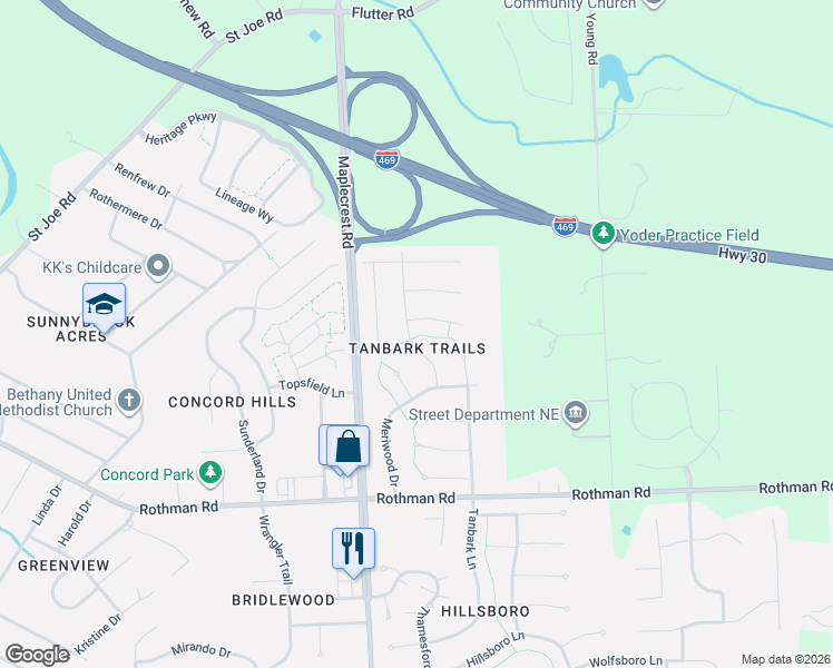 map of restaurants, bars, coffee shops, grocery stores, and more near 7814 Ridgeside Lane in Fort Wayne
