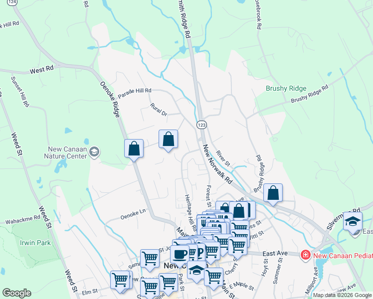 map of restaurants, bars, coffee shops, grocery stores, and more near 172 Heritage Hill Road in New Canaan