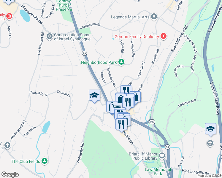 map of restaurants, bars, coffee shops, grocery stores, and more near 101 Hazelton Circle in Briarcliff Manor