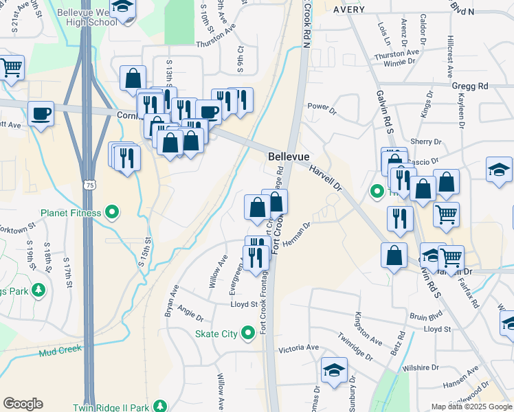 map of restaurants, bars, coffee shops, grocery stores, and more near 702 Fort Crook Road South in Bellevue