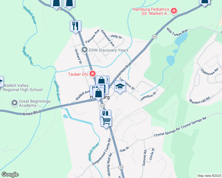 map of restaurants, bars, coffee shops, grocery stores, and more near 26 Wallkill Avenue in Hamburg