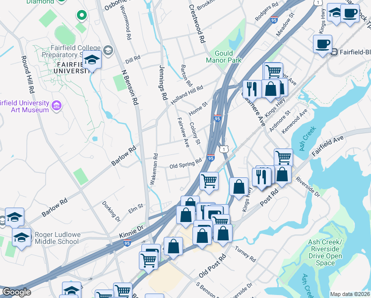 map of restaurants, bars, coffee shops, grocery stores, and more near 120 Barlow Plain Drive in Fairfield